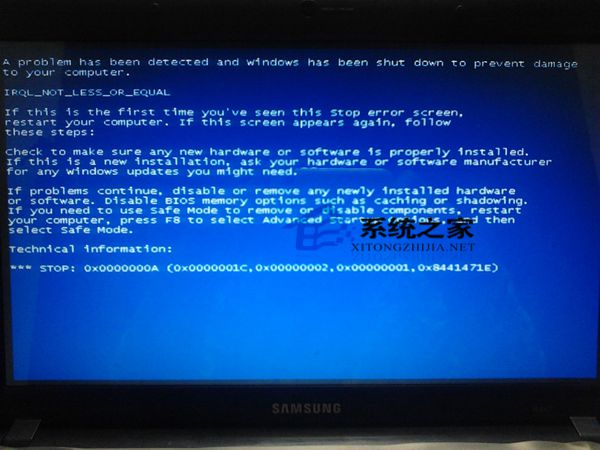 三星笔记本Win7意外蓝屏出现0x0000000A代码
