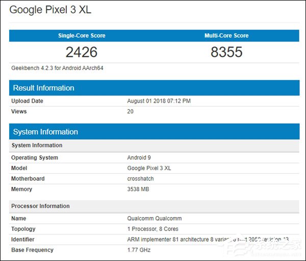 预装Android P!谷歌Pixel 3 XL在Geekbench跑分数据库亮相