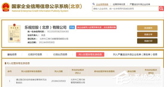 失联了!乐视控股被北京工商局列入经营异常名录
