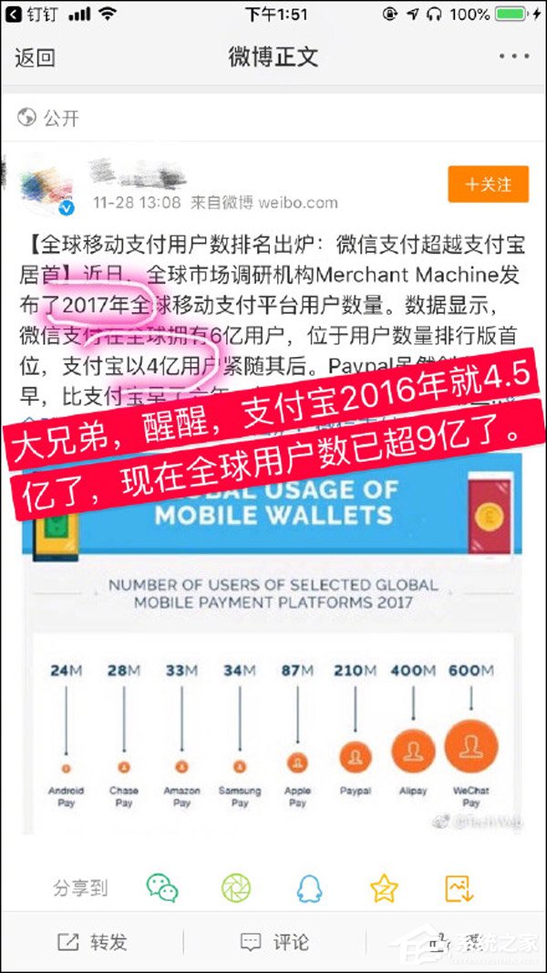 马上2019年了!支付宝回应全球移动支付用户排名不及微信