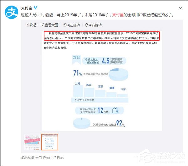 马上2019年了!支付宝回应全球移动支付用户排名不及微信
