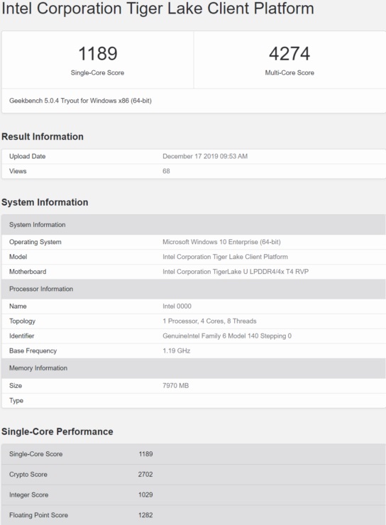 英特尔10nm Tiger Lake跑分出炉”