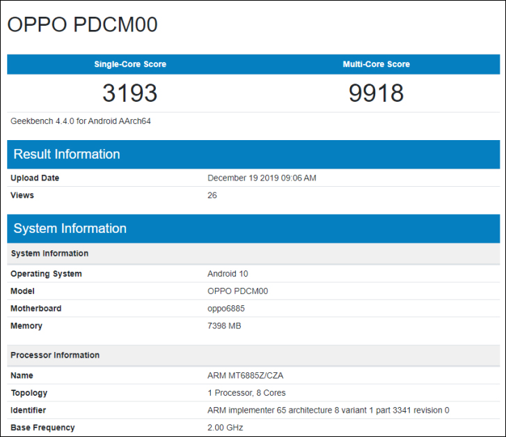 OPPO Reno3在跑分网站Geekbench现身”