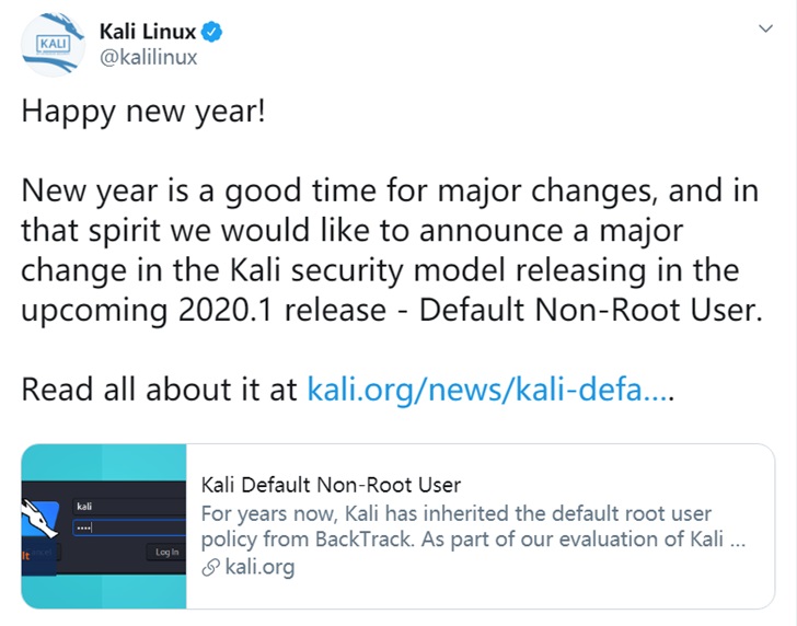 官宣！Kali Linux今后将默认以非root身份运行”