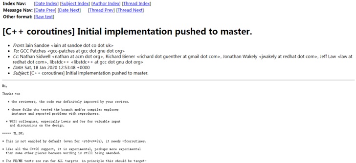 C++20协程实验性支持已合并到GCC 10”