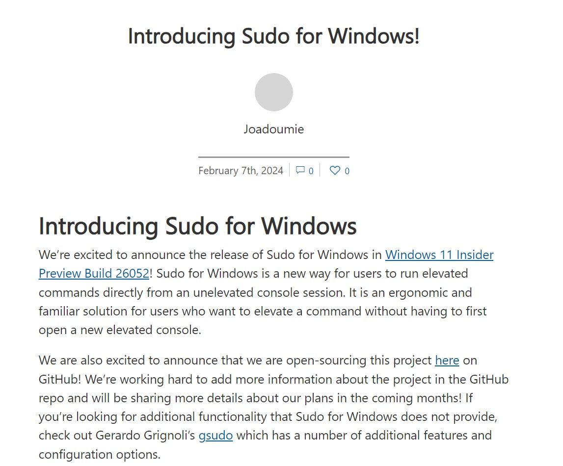 ΢Win11 26052.1100¸£΢ȷϽԭ֧ Sudo 